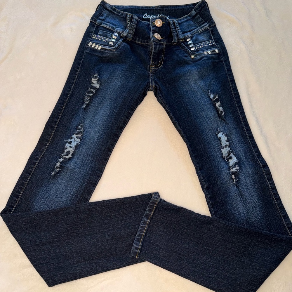 Capellini Boutique Colombian Distressed Rhinestone Jeans Dark Wash Size 0